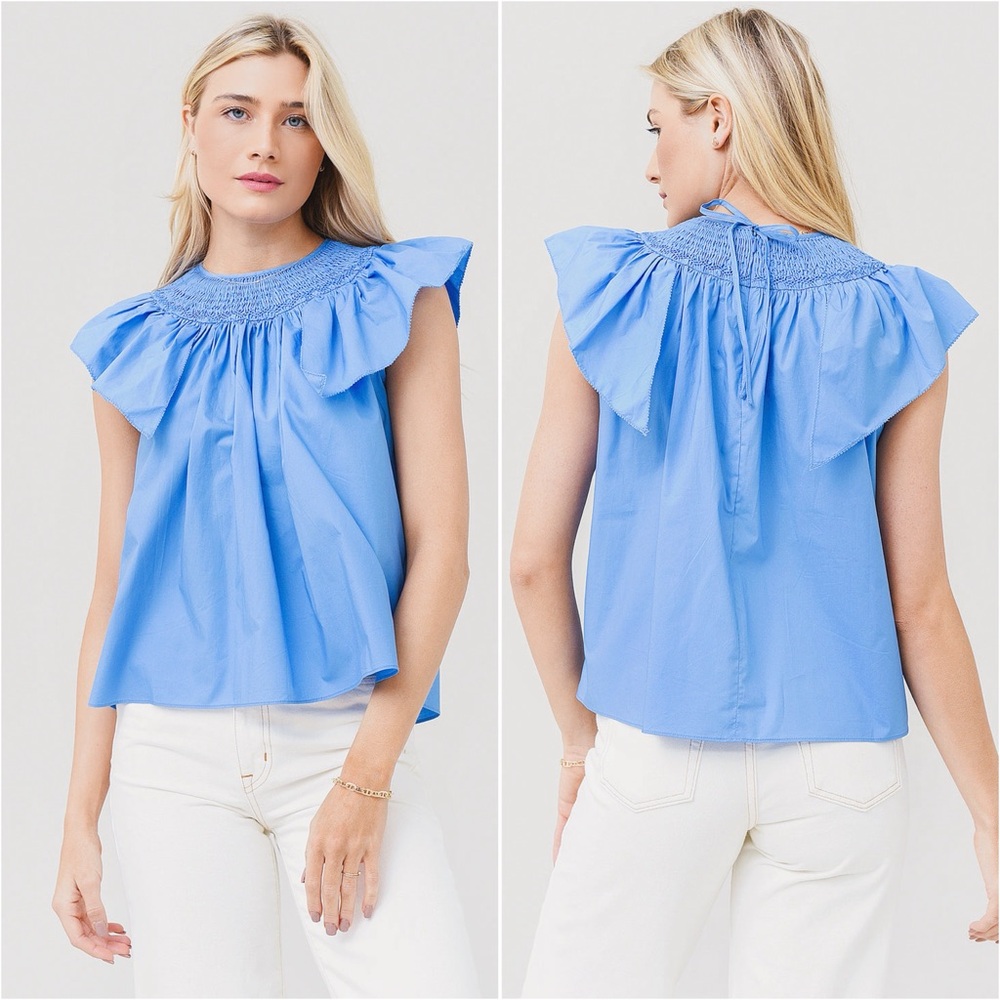 HUNTER BELL • Smocked Flutter Sleeve Cotton Top Sz XS Preppy Designer Chic